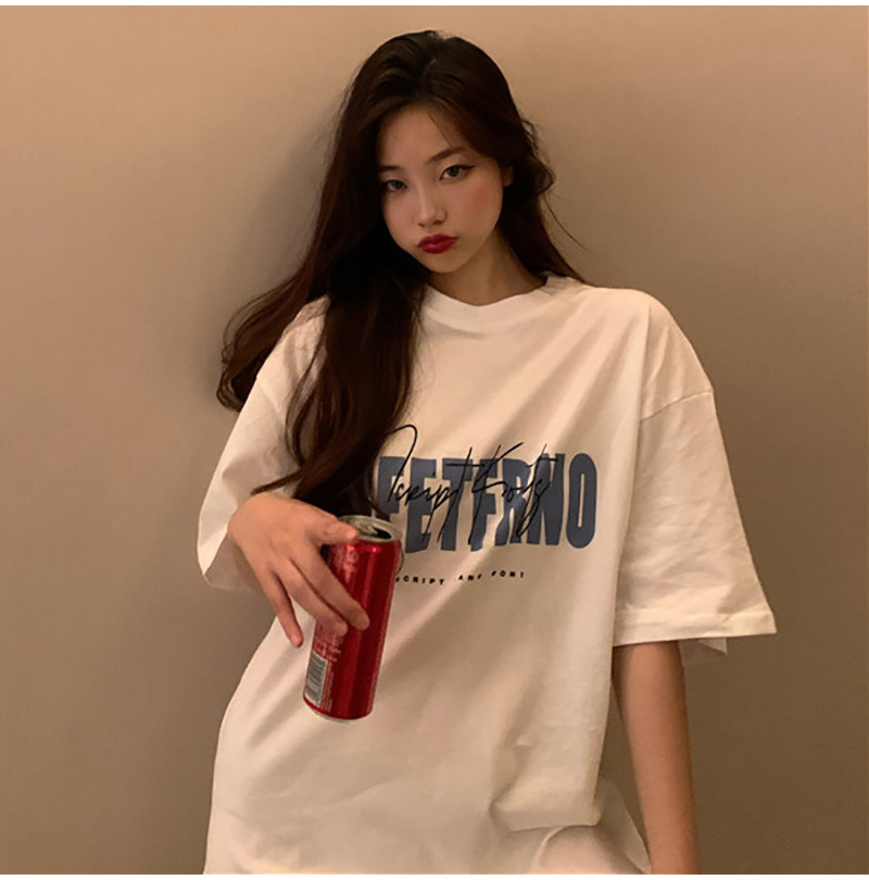 Picture of White T-shirt Women's Spring and Summer 2025 New Korean-style Hong Kong-style Retro Printed Middle-length Top Base Shirt for Students