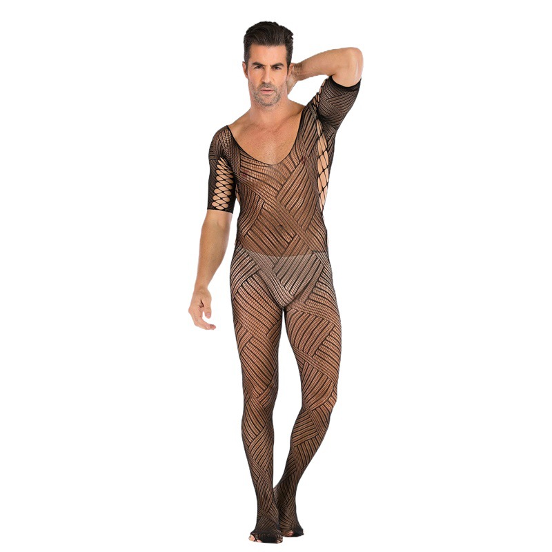 Foreign Trade New Style One-piece Mesh Clothes Twill Cross Hollow Black Men's Mesh Clothes One-piece Short-sleeved Mesh Clothes