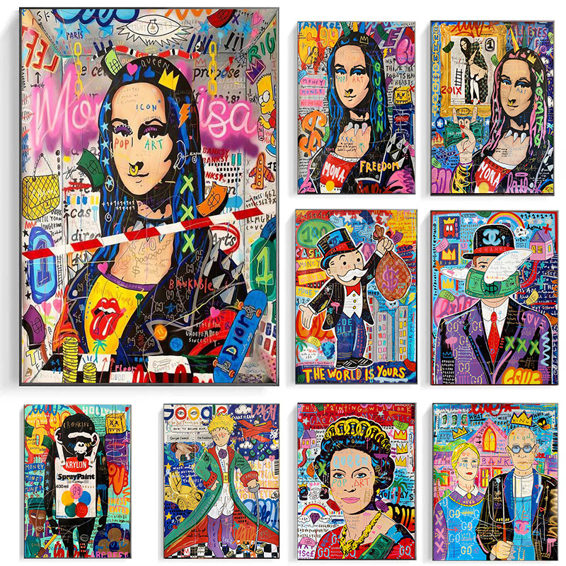 Monera Lisa Graffiti Art Wall Money Canvas Painting Poster Wall Art Living Room Modern Decorative Painting