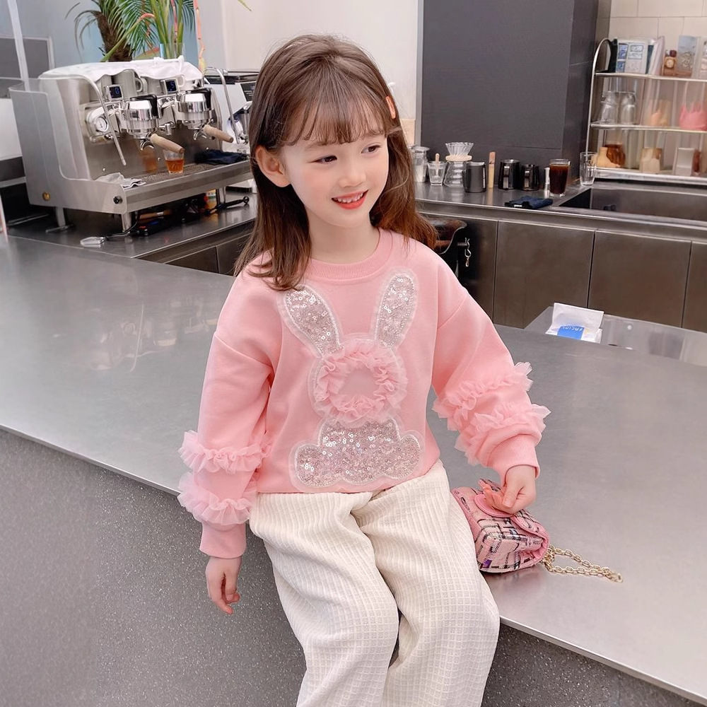 Girls Sweatshirt New 2025 Spring & Fall Clothing Girls Fashionable Rabbit Pullover Top Kidsren's Cute Pink Long-Sleeved Cotton