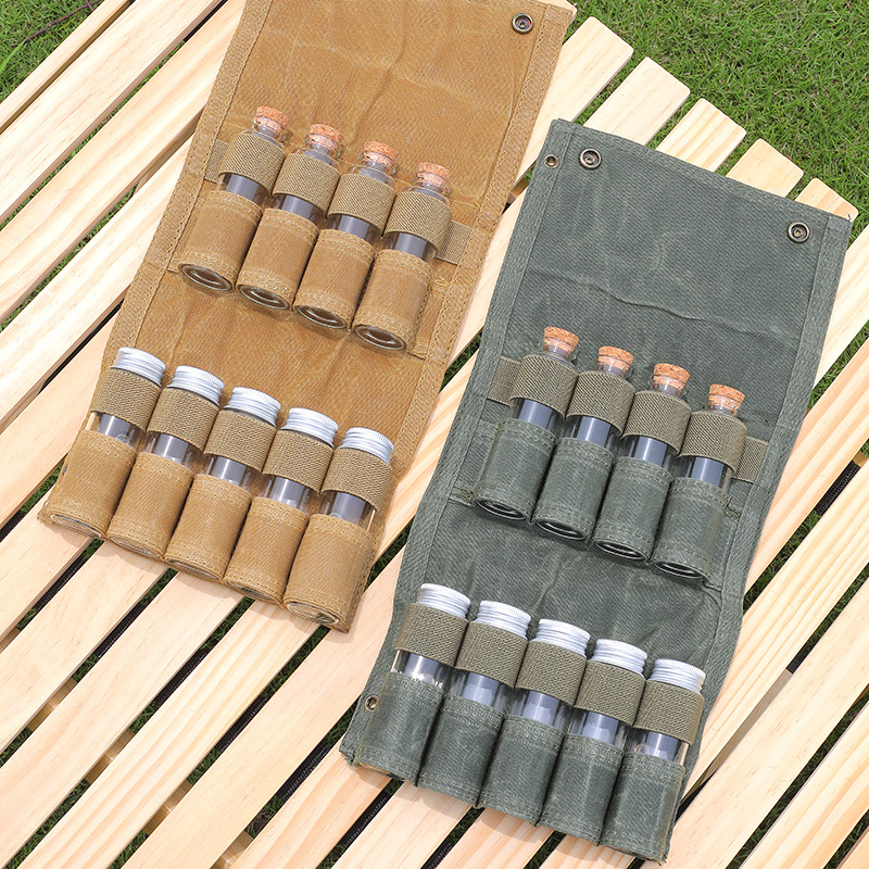 Outdoor Camping Seasoning Bottle Storage Bag Wax Waterproof Seasoning Bottle Barbecue Seasoning Bottle Combination Set Canvas Bag