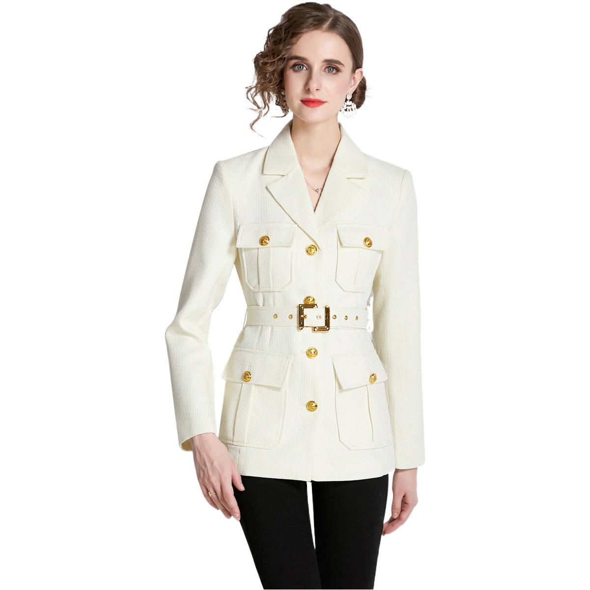 2023 Spring and Autumn new metal buckle lapel personalized pocket design coat waist slim with belt top