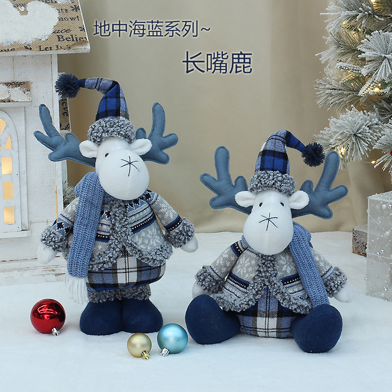 New creative cross-border European and American blue fabric doll Christmas decorations pointed hat long mouth deer Christmas window ornaments