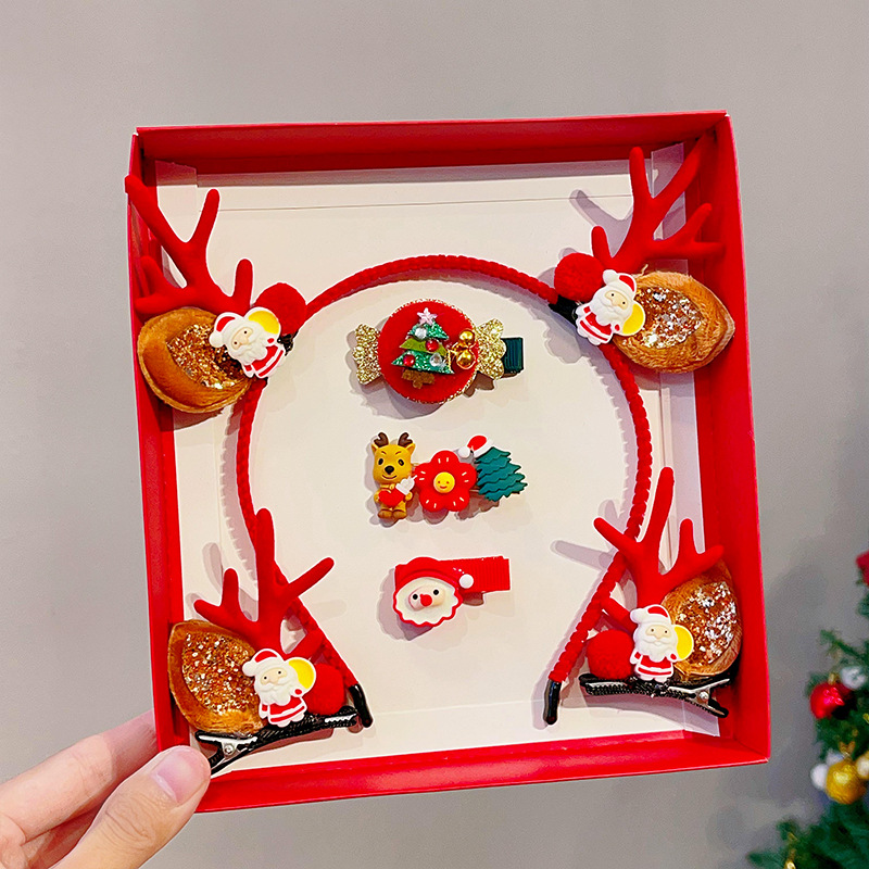 Picture of 2023 new children Girl Christmas headband hairpin suit combination cute antlers Christmas headband hairpin headdress