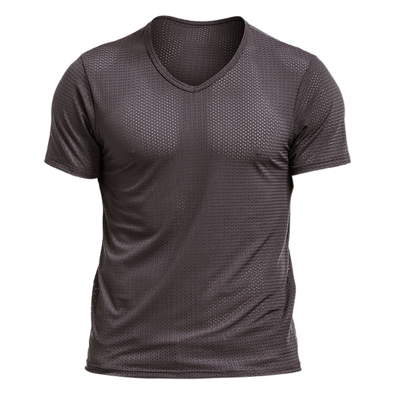 Ice Silk Mesh T-Shirt Men's Mesh Breathable Mesh Hollow Sports Fitness Summer Quick-drying Loose V-neck Trendy Mesh Short Sleeve