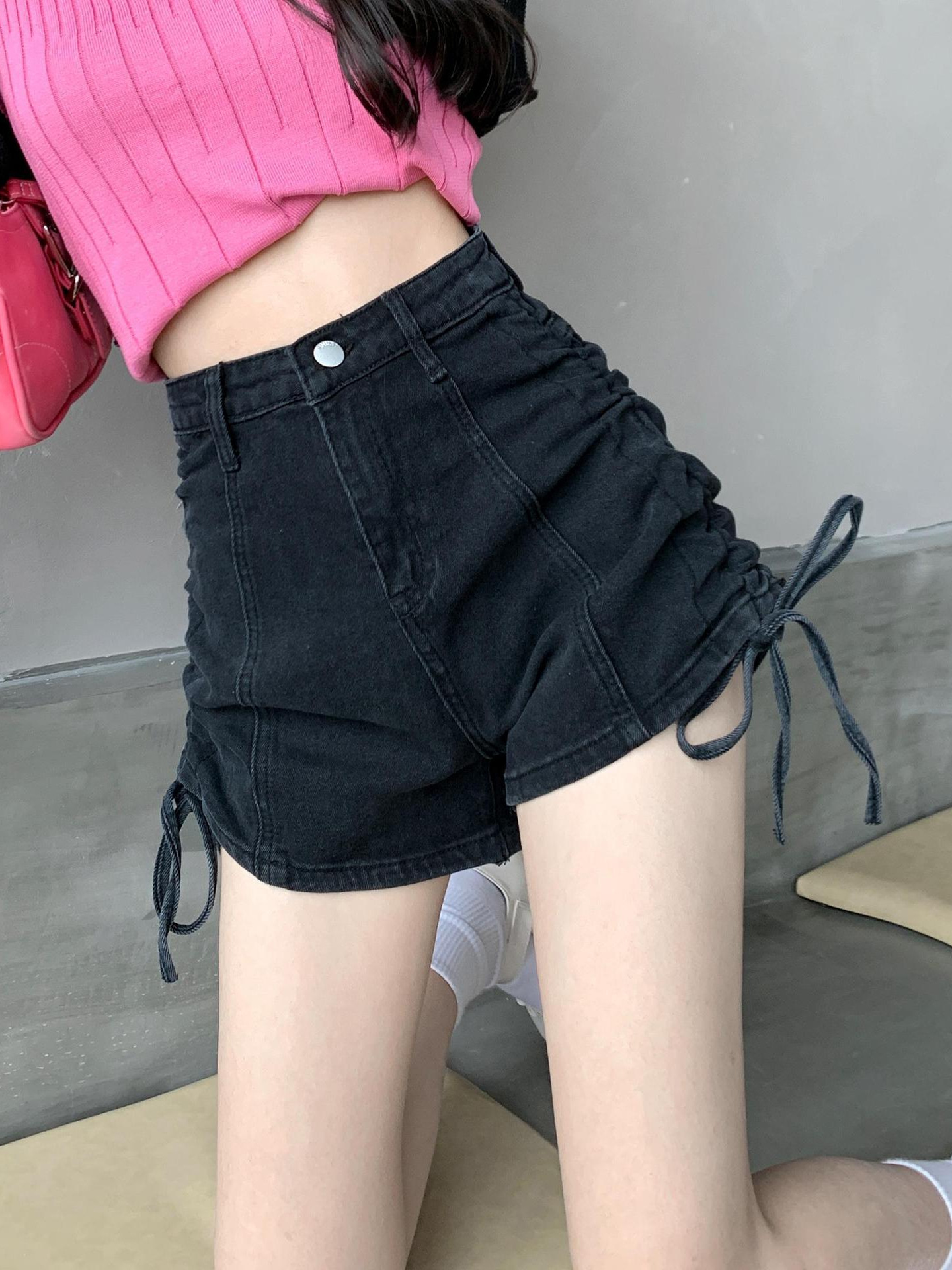 Side Drawstring Lace-up High Waist Stretch Denim Shorts Women's Summer Fashionable All-match Slim Slim-fit Hot Pants Trendy