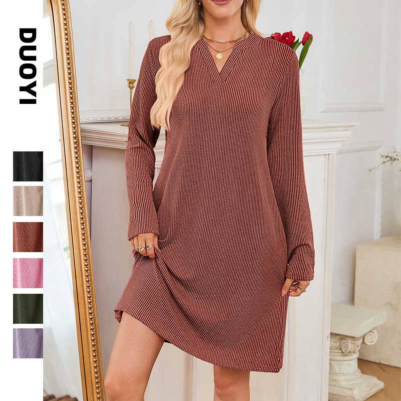 European and American Cross-Border Amazon Independent Station 2025 Autumn and Winter New Export Women's V Neck Long-Sleeved Loose Dress