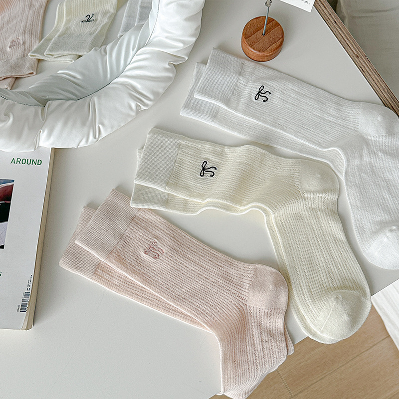 Spring and summer suxinaimin thin bow ballet style JK sweet girl hollow mesh tube pile socks