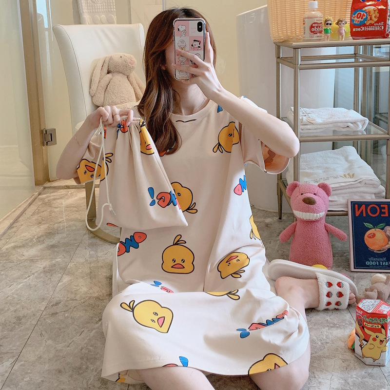 Picture of Internet Celebrity Summer Korean Style Princess Fresh Sweet Loose Nightdress Short Sleeve Plus Size Pajamas Dress with Cloth Bag