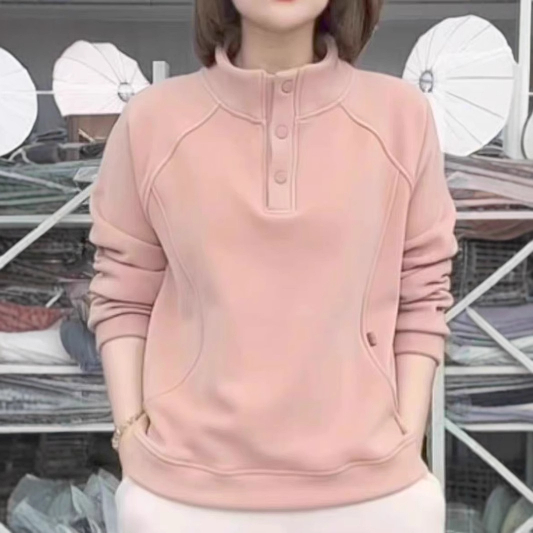 Winter Fashion New Three-Button Windproof Fleece-Lined Casual Versatile Loose Slim Simple Half Turtleneck Pullover Sweatshirt for Women