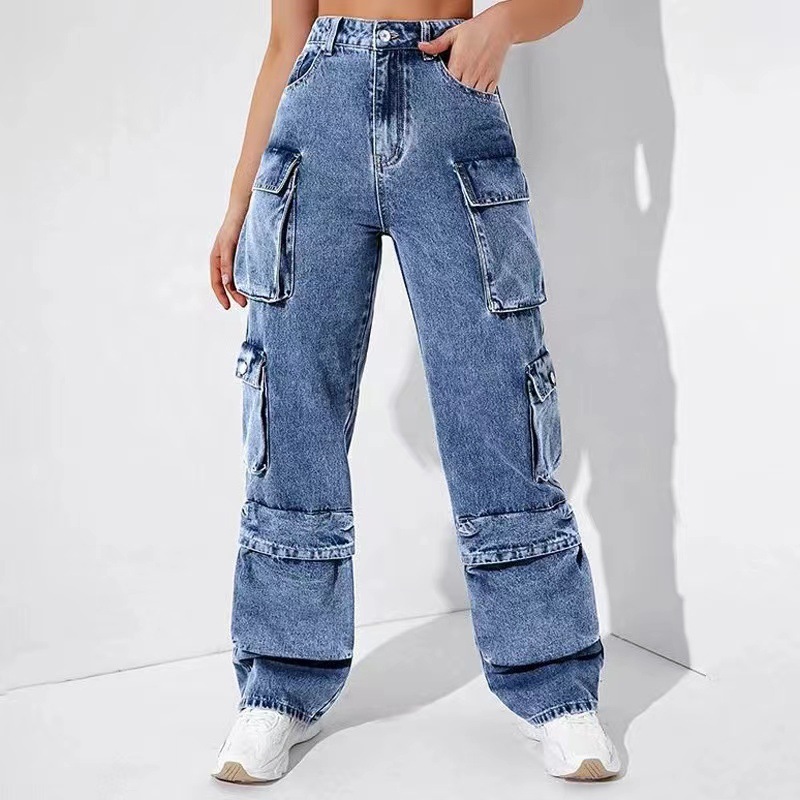 Cross-border foreign trade women's jeans overalls casual versatile high waist flap pocket loose fit fashion
