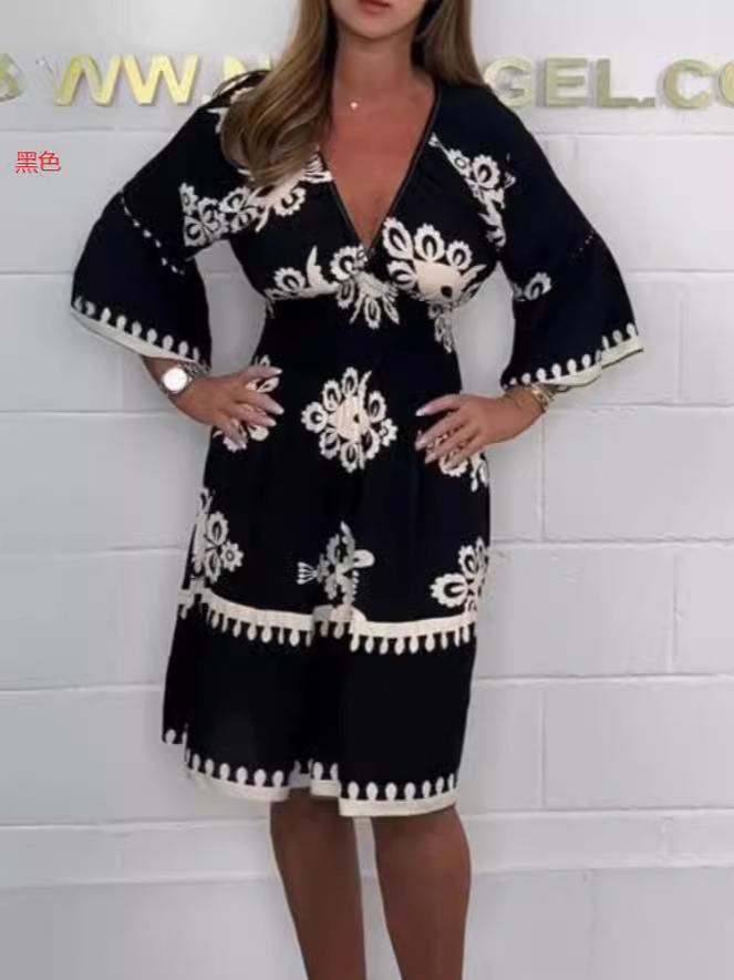 Amazon Explosions 2024 Summer New European and American Fashion Foreign Trade Women's V-neck Printed Dress