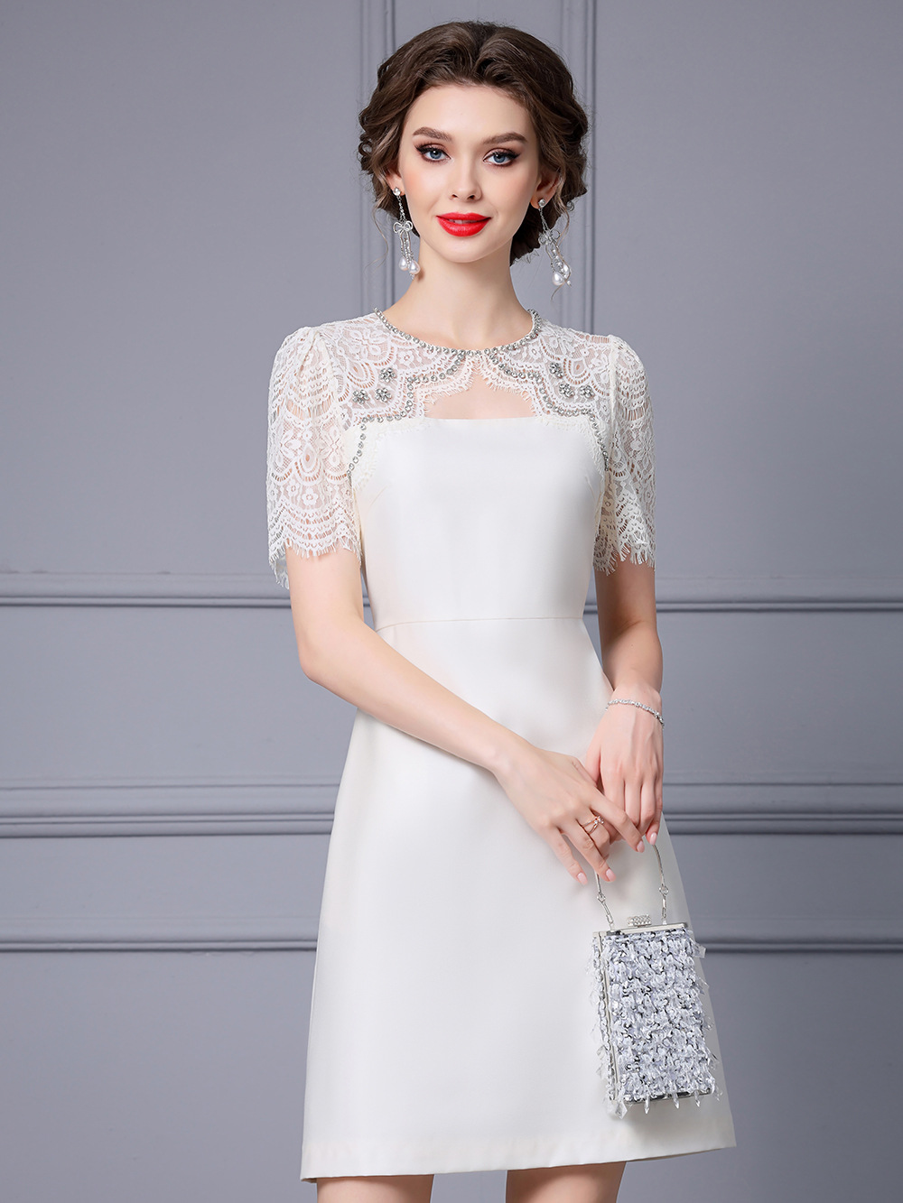 Picture of Zhili noble and elegant temperament dress heavy industry nail drill lace stitching short sleeve high waist A- line skirt summer women