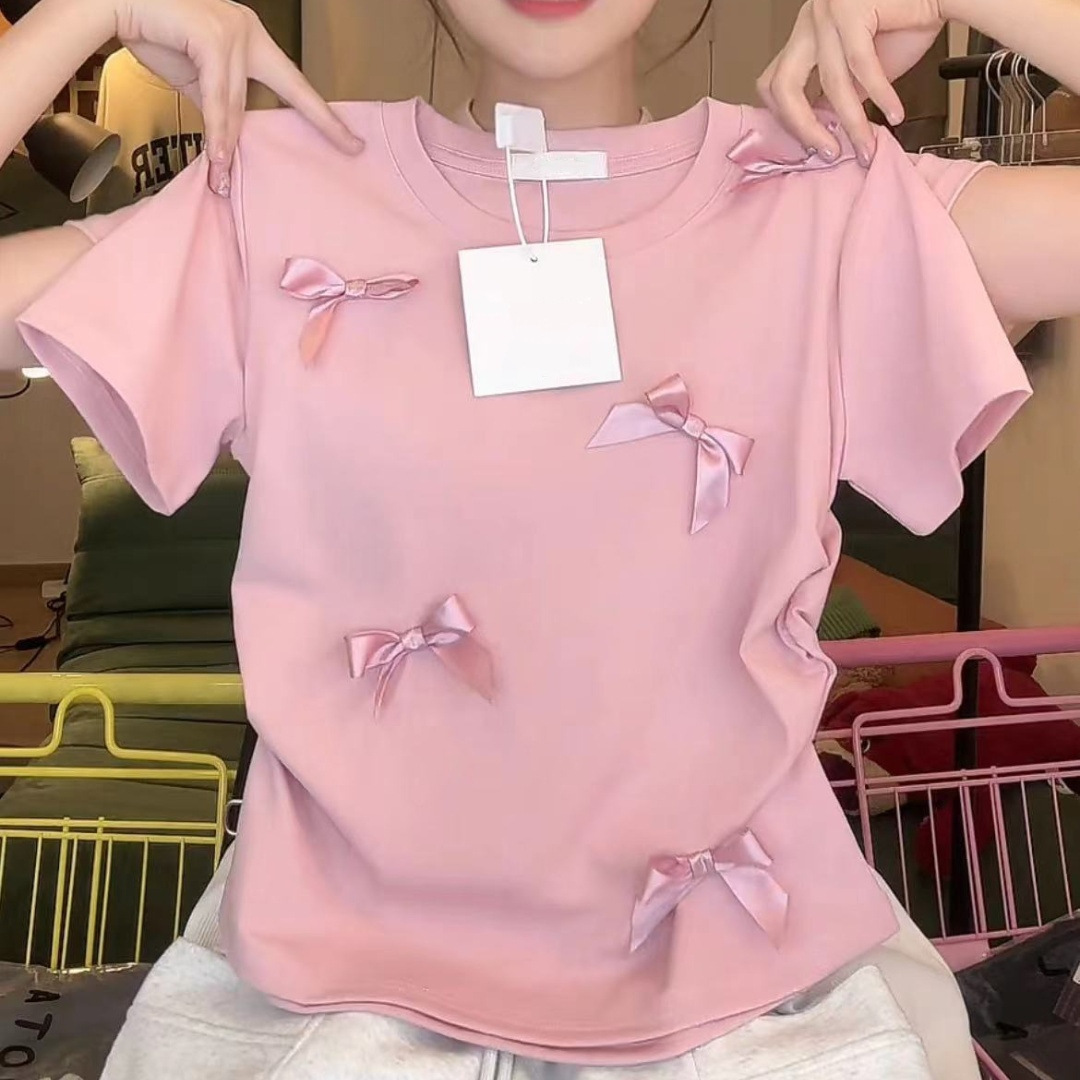 Bow Short-Sleeved T-Shirt for Women Summer New Korean Style Design Niche Sexy Pure Desire Slim Round Neck Chic Top