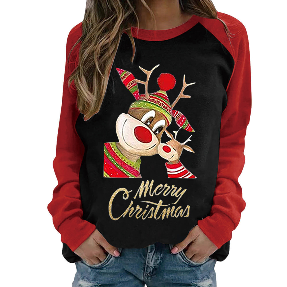 Cross Border Christmas Merry Christmas Letters Christmas Deer Head Print Loose Pullover Raglan Long Sleeves