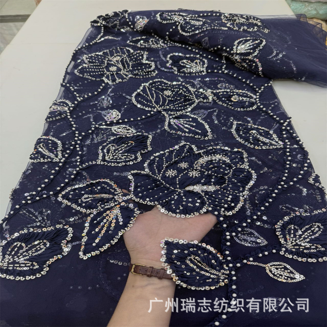 New French Ribbon Beaded Embroidered Mesh Fabric Wedding Dress Fashion Show Wear Fabric Weddding Lace