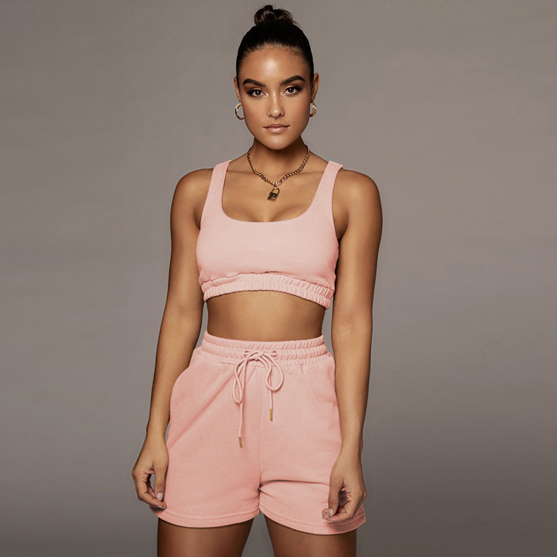 Picture of 2024 European and American Amazon cross-border summer women's solid color double-layer vest shorts sports navel suit
