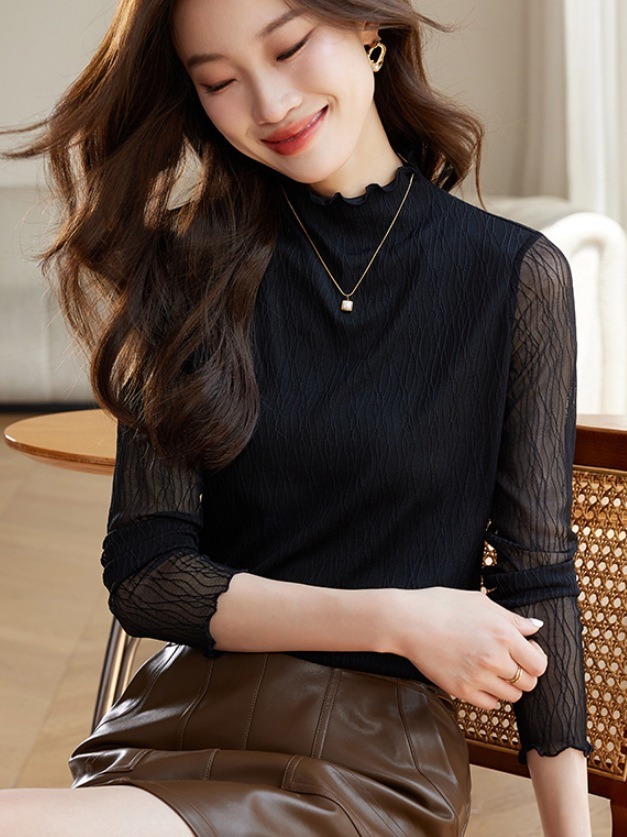 Picture of Texture lace bottoming shirt for women 2024 spring new Korean style lace half turtleneck inner long sleeve T-shirt top autumn and winter