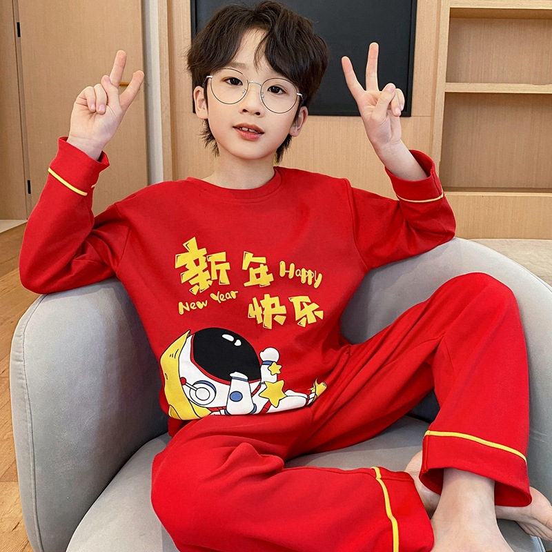 Picture of Spring and Autumn boys' pajamas pure cotton long-sleeved red animal year Festive dragon year little boy children's homewear suit
