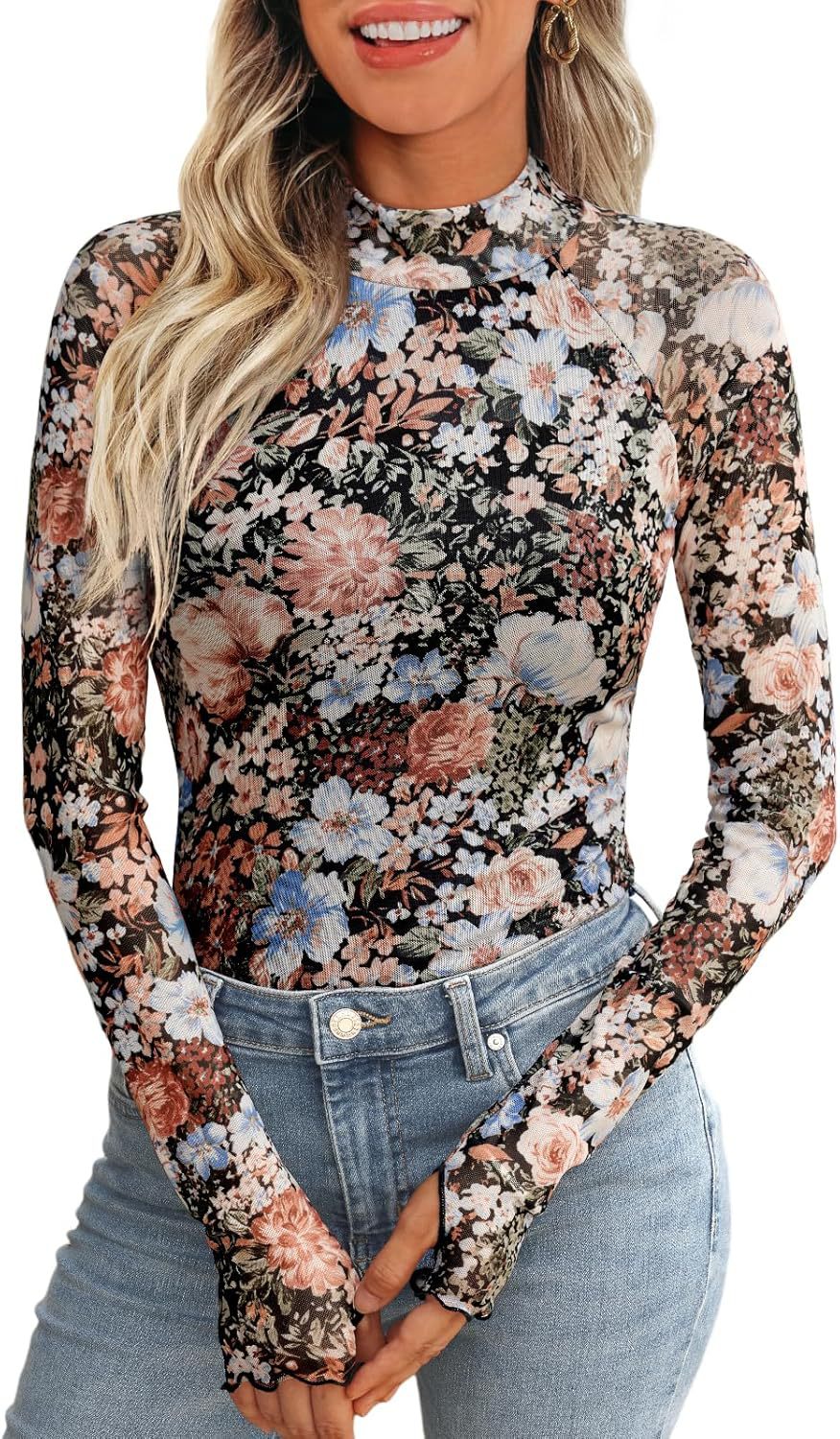 Picture of Cross-border European and American Amazon TK2025 Explosions Turtleneck Long Sleeve Lace Flower Mesh Base Shirt T-shirt for Women