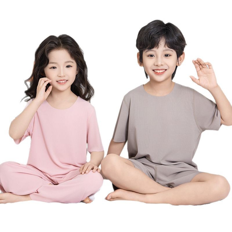 Picture of Summer New Style Boys' Short-Sleeved Loose Seamless Ice Silk Home Clothes Children's Two-Piece Set Girls' Pajamas Set Wholesale