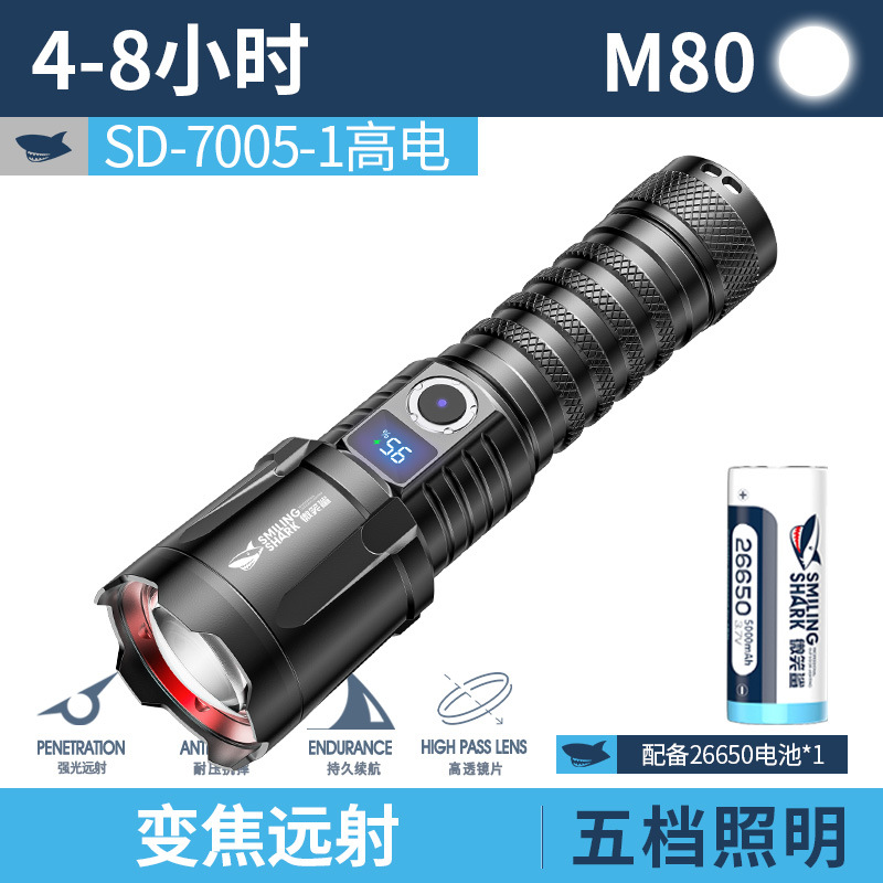 Picture of Smiling Shark Outdoor Zoom Long-Range High-Brightness Flashlight Five-Speed Adjustable Strong Light Aluminum Alloy Flashlight