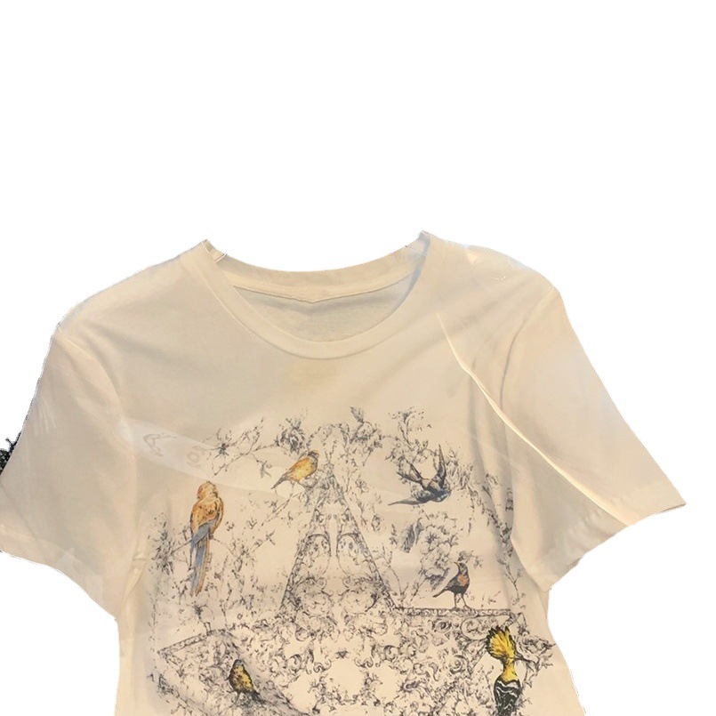 Pure Cotton Collar White Short-Sleeved T-Shirt for Women 2024 Summer New Korean Style Loose Creative Printed Casual Top for Women