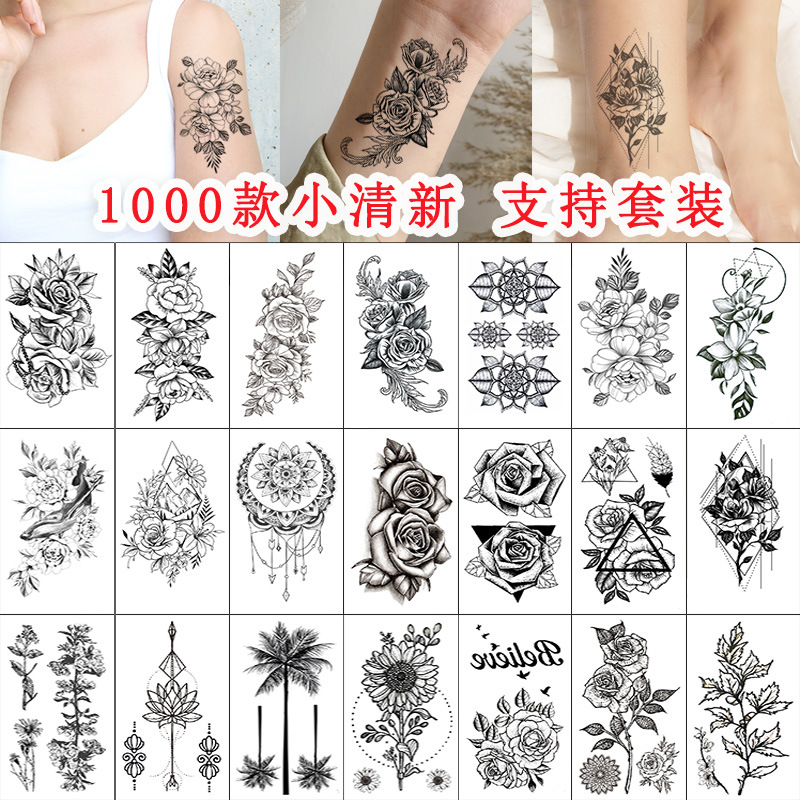 Cross-border Amazon Tattoo Sticker Set Disposable Small Fresh Tattoo Sticker Black and White Flower Letter Small Picture Sticker