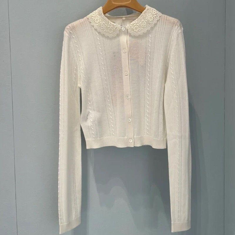 Miu Style White Knitwear Handmade Crocheted Collar Thin Ice Silk Cardigan Jacket Versatile Long-Sleeved Top Spring New Style