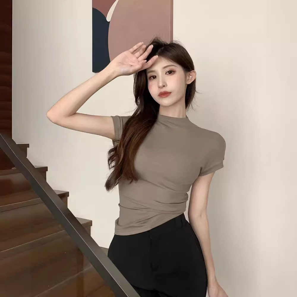 Pure Lust Style Half Turtleneck Short-Sleeved T-Shirt for Women 2025 Summer Slimming Look Bottoming Shirt with Student Top Ins Trbottom