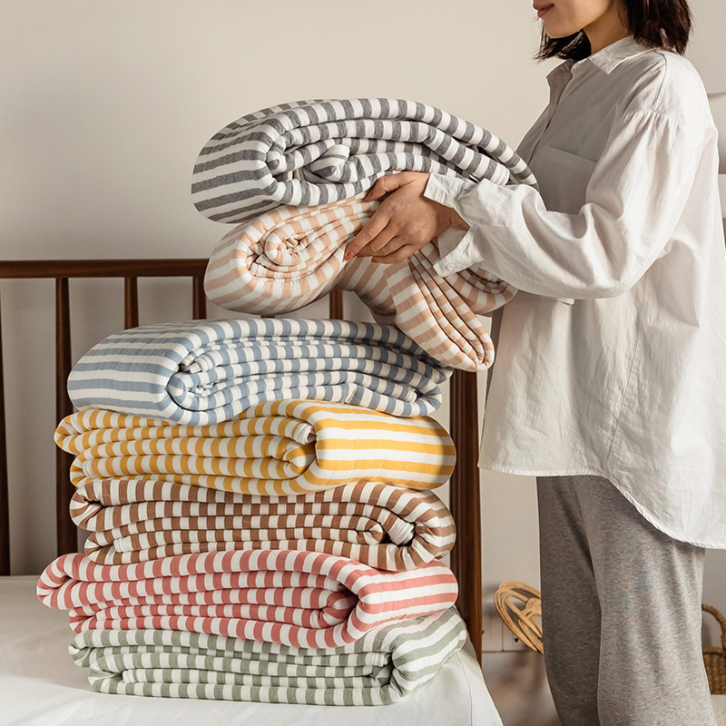 Cotton Tianzhu Cotton Summer Quilt Knitted Summer Cool Quilt Single and Double Japanese Style Striped Air-conditioning Quilt Pure Cotton Children's Thin Quilt