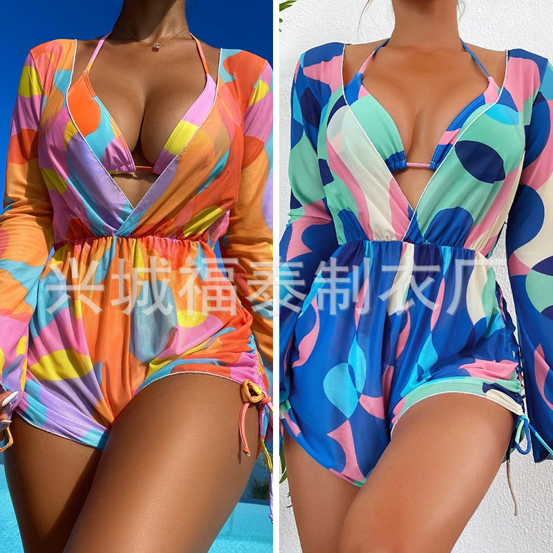 Women's long-sleeved sun protection fashionable printed blouse split bikini swimsuit three-piece European and American slimming cross-border export style