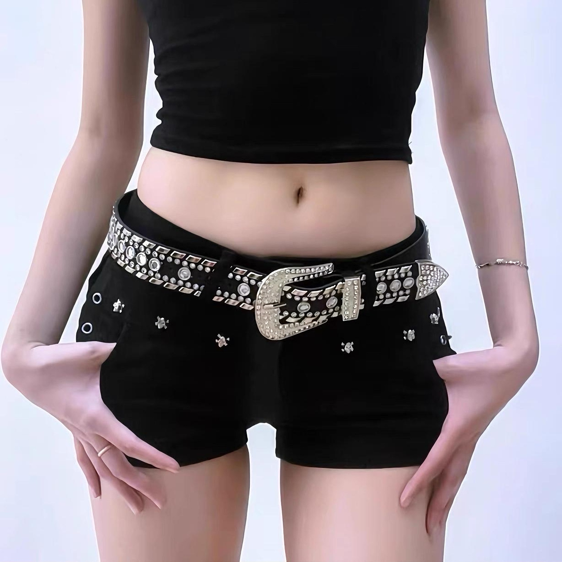 Rhinestone Belt Y2K Sexy Belt Black Punk Trouser Belt Accessories Rivet Diamond American White Wide High Street Girl