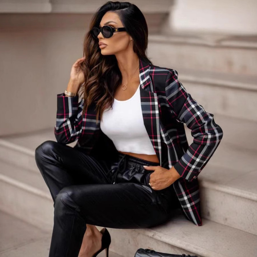 2024 European and American Autumn and Winter New Cross-border Women's Plaid Suit Amazon Explosions Long Sleeve Suit Jacket