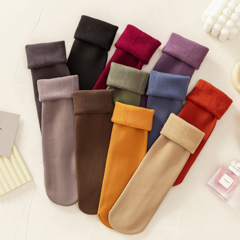 Socks Women's Autumn and Winter Vertical Imitation Cashmere Snow Socks Velvet Lined Thickened Warm Sleeping Mid-Length Socks All-Match Floor Socks