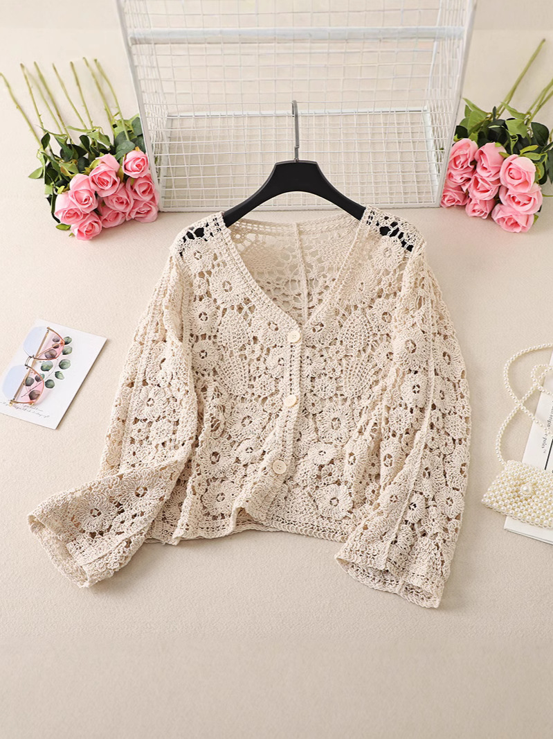 Long-sleeved Hollow-out Knitted Cardigan Women's Summer Outer Wearing New Crochet Short Chic Small Shirt with Skirt Air Conditioning Top