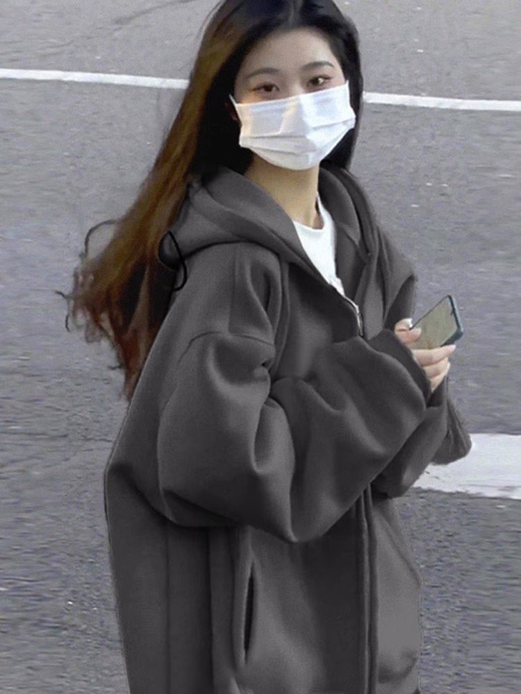 Picture of Wholesale Dropshipping Zipper Cardigan Solid Color Sweatshirt Jacket Women's Autumn Style American Retro Loose Hooded Top