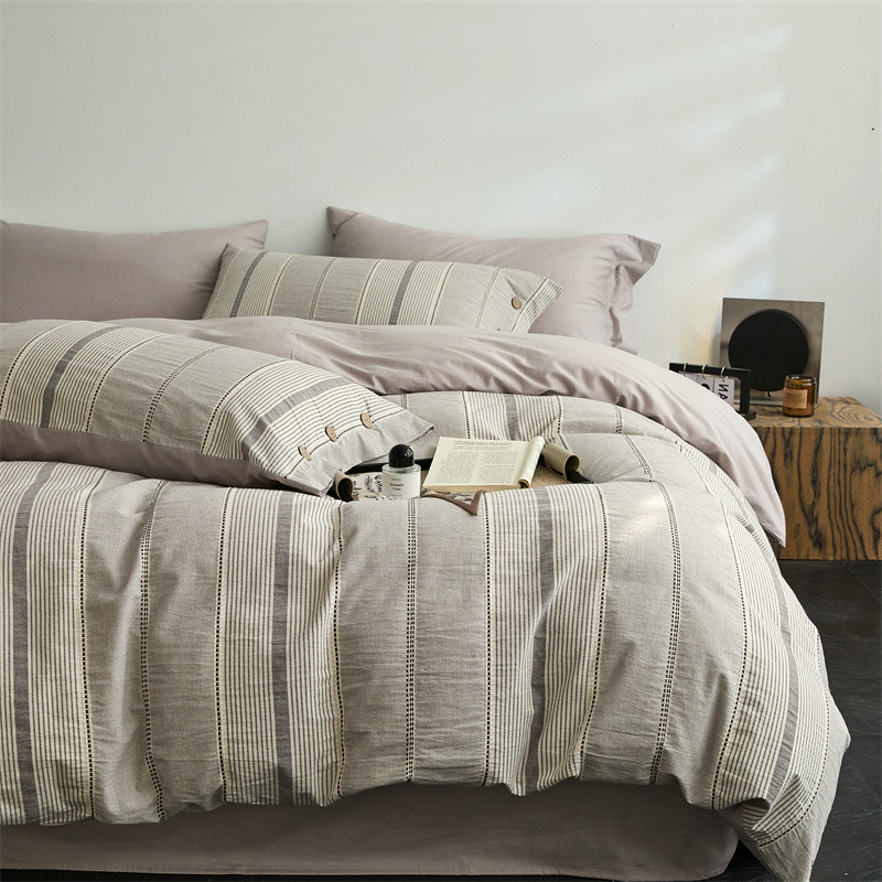 Modern Simple Four-piece Bed Set Pure Cotton Cotton Double-layer Yarn Quilt Cover Light Luxury High-class Master Bedroom Striped Set