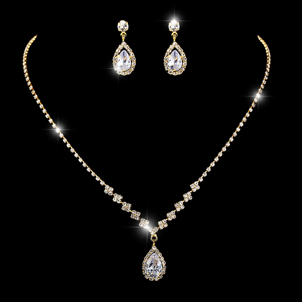 Picture of Brilliant diamond zircon water drop necklace earrings bride wedding jewelry shooting jewelry set wholesale
