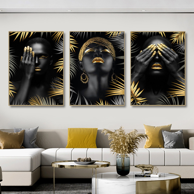 Cross-border hot selling African makeup women black gold leaf oil painting modern character Wall living room art home decoration painting