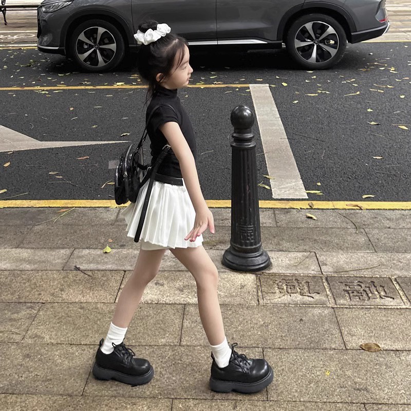 Girls' summer white black anti-exposure pleated skirt skirt skirt girls' skirt high waist belt skirt