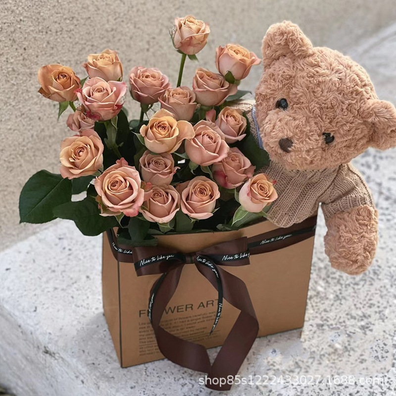 Zhuo Fiber Flower Material Cowhide Hug Bag Holding Bear in Hand English Bag Floral Material Flower Bag Flower Bag Flower Packaging Bag