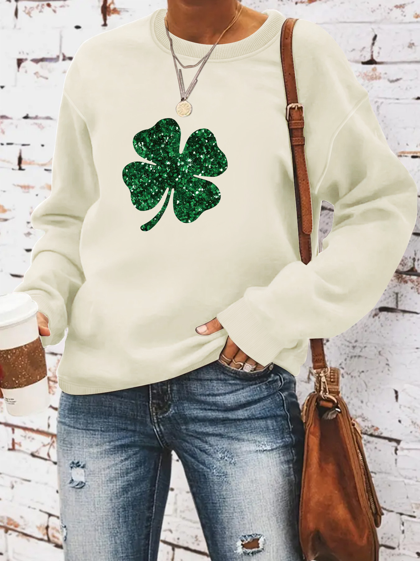 Picture of European and American Cross-border Autumn and Winter Women's Casual Long-sleeved Crewneck St. Patrick's Day Four-leaf Clover Pullover Sweatshirt Sweatshirt