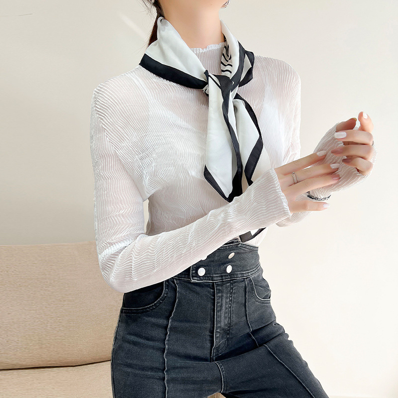 Picture of Miyake Ultra-thin Perspective Top Base Shirt Women's Spring and Summer Long-sleeved Sunscreen Western Style All-match Pleated Top Inner Shirt