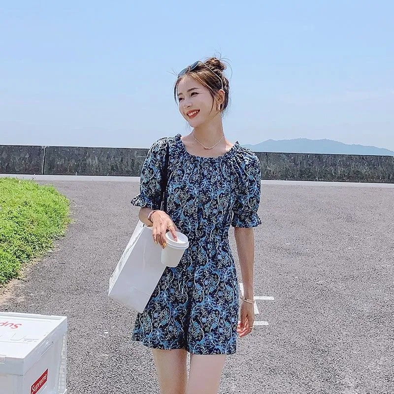 2024 New High Waist Slimming Loose Women's Summer Lace-up Waist Wide Leg Shorts Jumpsuit Floral Jumpsuit