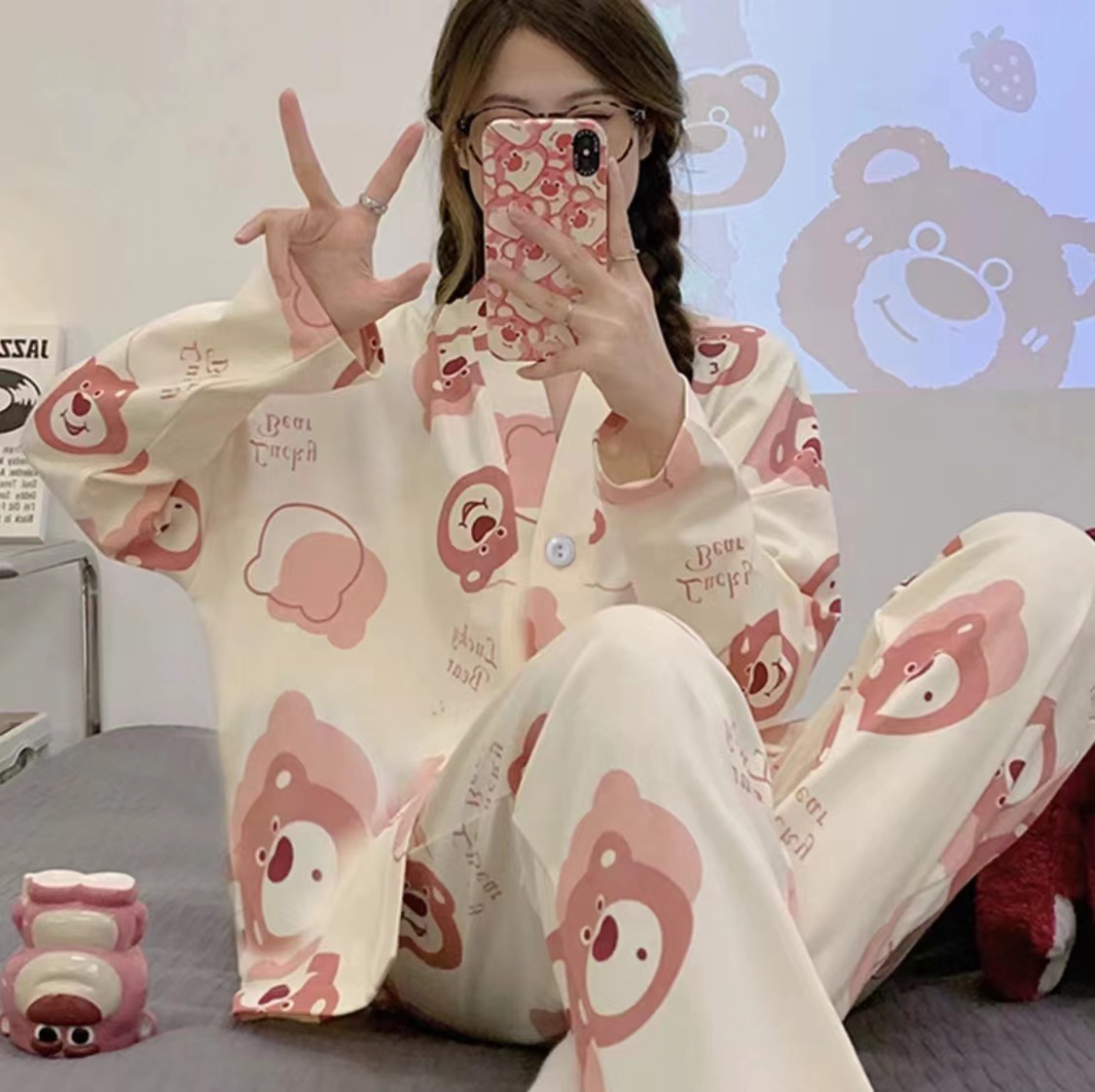 Popular online live high quality pajamas women's spring and autumn cardigan cotton long-sleeved trousers suit home wear delivery