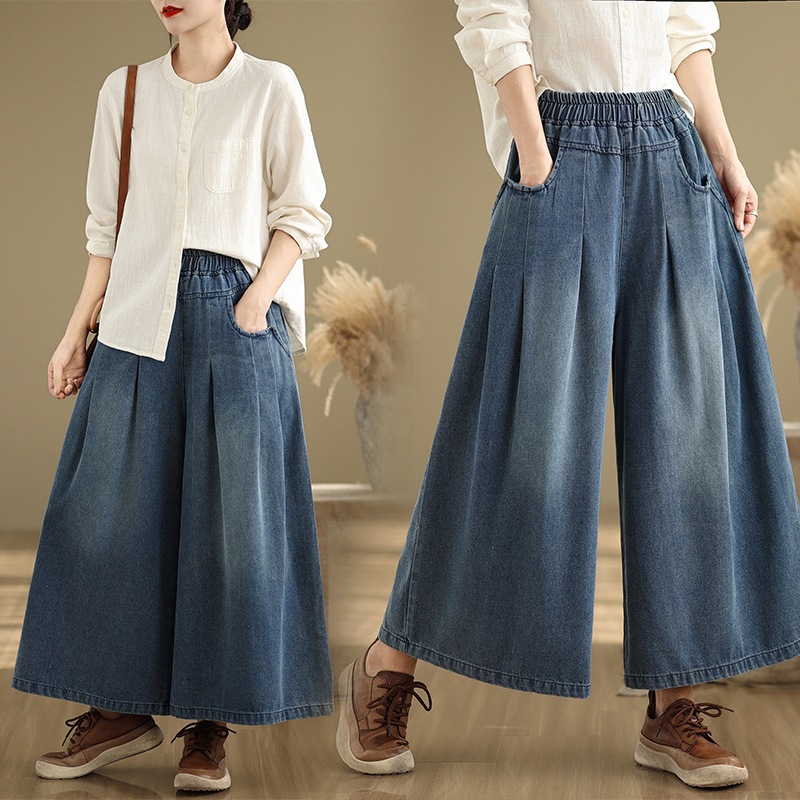 Real shot plus size Denim wide leg pants commuter new fashion elastic loose slimming casual all-match straight wide leg pants