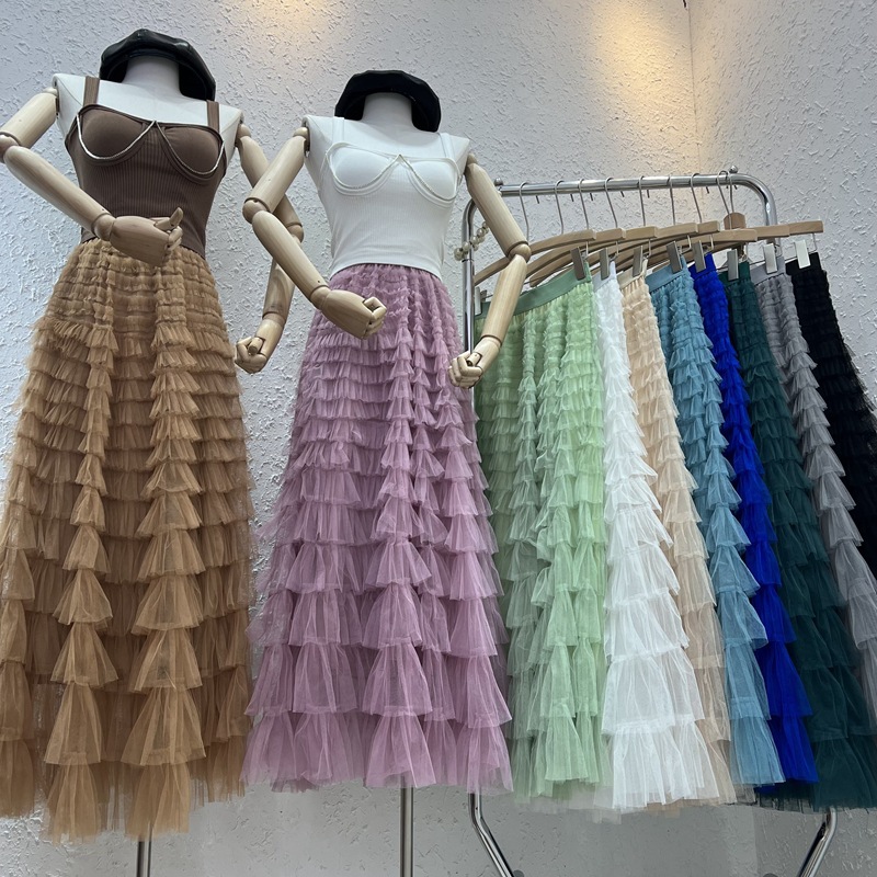 Foreign Trade Ruffled Gauze Skirt Fairy Skirt Women's Slimming Long Skirt High Waist A- Type Mesh Cake Skirt