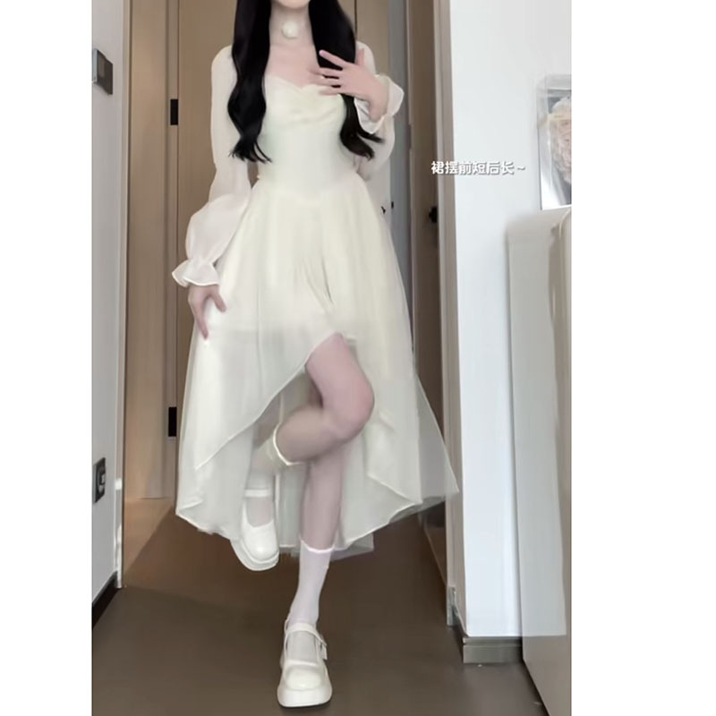 French Sweet Waist-Cinching Pure Dress for Women Spring Petite White Romantic Mesh Fairy-Like Fairy Skirt