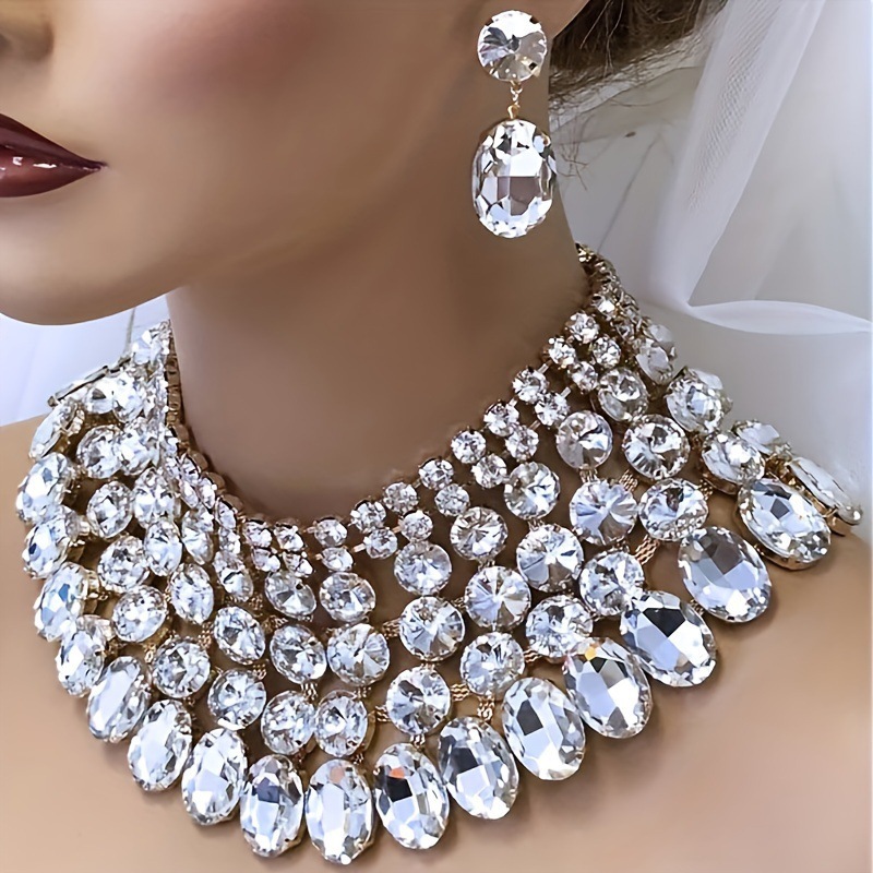 Banquet Evening Dress Multi-Layer Light Luxury Jewelry Set Rhinestone High-End Necklace Earrings Inlaid Versatile Choker Earrings